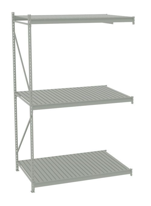 Three-tiered metal storage shelf with perforated design, featuring two vertical supports on the left side. The shelf is empty and has a light gray color.