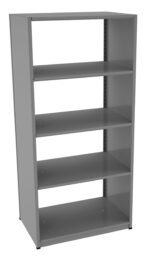 A gray metal shelving unit with four shelves, standing upright. The shelves are evenly spaced and the unit has an open back and sides.