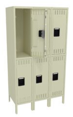 A beige six-compartment metal locker set with one door open, revealing an empty interior. The locker doors feature ventilation slots and black rectangular handles, and the unit stands on four legs.