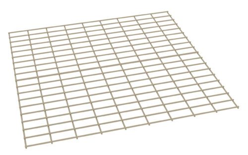 A three-dimensional rendering of a beige, square wire grid. The grid is composed of evenly spaced, intersecting horizontal and vertical lines, forming a mesh. It is shown from an angled perspective against a white background.