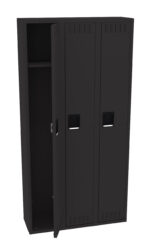 A black metal locker with three vertical doors, one of which is slightly open, revealing an empty interior with a single shelf.