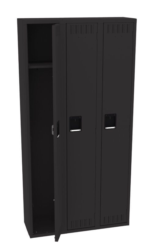 A black metal locker with three vertical doors, one of which is slightly open, revealing an empty interior with a single shelf.