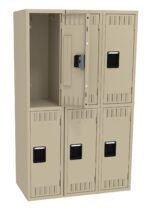 A beige six-compartment locker with one compartment door open, revealing an empty interior. The lockers have ventilation slits and black recessed handles.