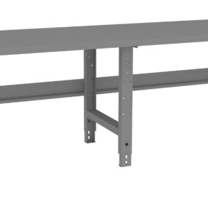 A long, industrial-style gray metal workbench with a flat surface and sturdy legs. The bench has adjustable height features and supporting beams underneath for stability.
