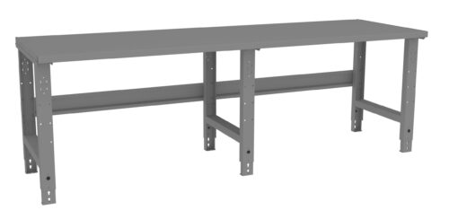 jnf4xquwmpzblqauytgi.jpg A long, industrial-style gray metal workbench with a flat surface and sturdy legs. The bench has adjustable height features and supporting beams underneath for stability.