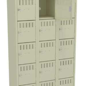 A beige metal locker unit with three columns and five rows of small compartments, each with a vented door and latch. One compartment in the middle column is open, revealing an empty space inside.