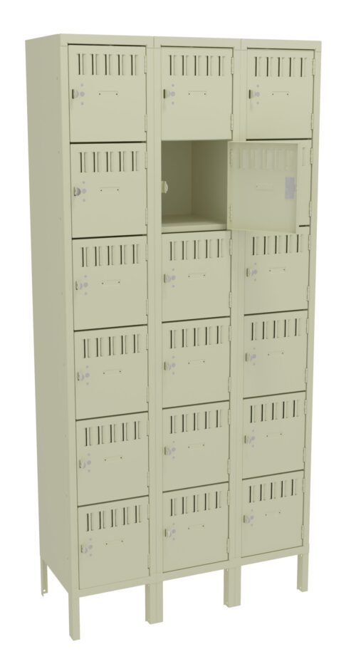 jngirsz1qtg9hsozn0xi.jpg A beige metal locker unit with three columns and five rows of small compartments, each with a vented door and latch. One compartment in the middle column is open, revealing an empty space inside.