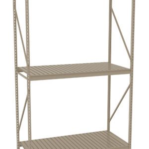 Metal shelving unit with three levels, designed for industrial or home use. The structure is beige with perforated upright supports and cross braces for stability. The shelves are slatted, allowing for airflow and adjustable spacing.