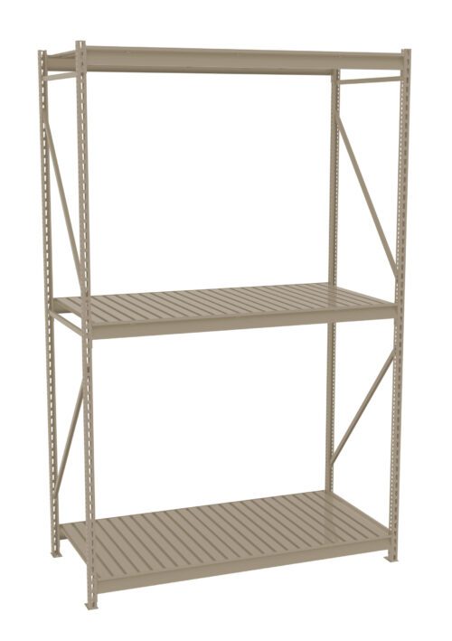 Metal shelving unit with three levels, designed for industrial or home use. The structure is beige with perforated upright supports and cross braces for stability. The shelves are slatted, allowing for airflow and adjustable spacing.