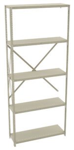 A tall, light gray metal storage shelf with five adjustable shelves and a reinforced back support.
