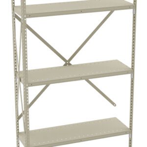 A tall, light gray metal storage shelf with five adjustable shelves and a reinforced back support.