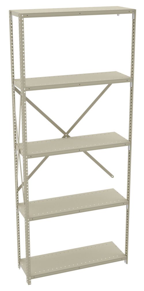 A tall, light gray metal storage shelf with five adjustable shelves and a reinforced back support.