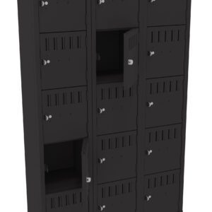 Black metal locker unit with three columns and four rows of lockable compartments. Some compartments are open, revealing empty interiors. Each door has a small ventilation slot.