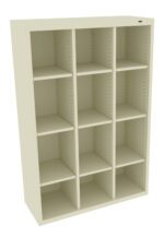 A beige, tall shelving unit with nine equal square compartments arranged in a 3x3 grid. The shelves are empty and the unit stands upright, showing its versatile storage capability.