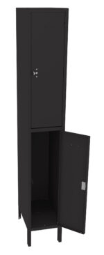 A tall, black metal locker with two compartments. The top compartment door is closed, and the bottom compartment door is open, showing the empty interior. The locker stands on four legs.