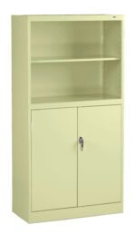 A light green metal storage cabinet with two open shelves at the top and a closed, lockable compartment with two doors at the bottom. The cabinet is set against a plain white background.