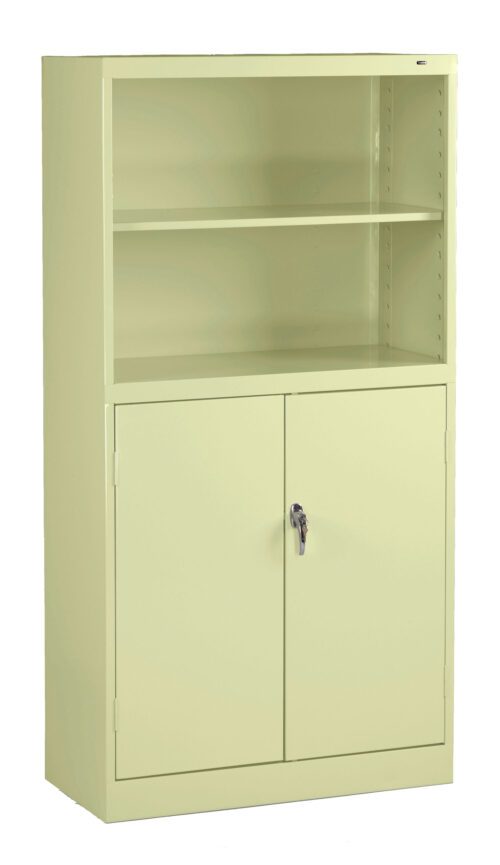 A light green metal storage cabinet with two open shelves at the top and a closed, lockable compartment with two doors at the bottom. The cabinet is set against a plain white background.