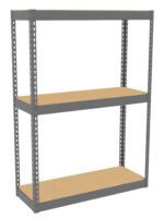 Metal shelving unit with three wooden shelves. The frame is a gray metal with holes punched along the sides for adjustable shelving. The design is simple and utilitarian, suitable for garage or workshop storage.