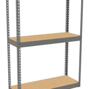 Metal shelving unit with three wooden shelves. The frame is a gray metal with holes punched along the sides for adjustable shelving. The design is simple and utilitarian, suitable for garage or workshop storage.