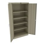 A tall, beige metal cabinet with two open doors revealing five empty shelves. The cabinet is standing upright against a plain white background.