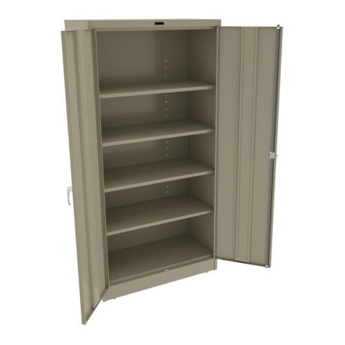 A tall, beige metal cabinet with two open doors revealing five empty shelves. The cabinet is standing upright against a plain white background.