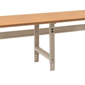 A long, sturdy workbench with a wooden top and beige metal frame, featuring adjustable legs for height variation, set against a plain white background.