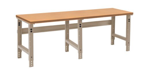 A long, sturdy workbench with a wooden top and beige metal frame, featuring adjustable legs for height variation, set against a plain white background.