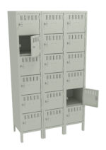 A set of gray metal lockers with three vertical columns and five rows. Some doors are open, revealing empty compartments inside. Each locker door has ventilation slots and a small latch for locking.