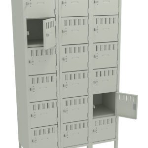 A set of gray metal lockers with three vertical columns and five rows. Some doors are open, revealing empty compartments inside. Each locker door has ventilation slots and a small latch for locking.