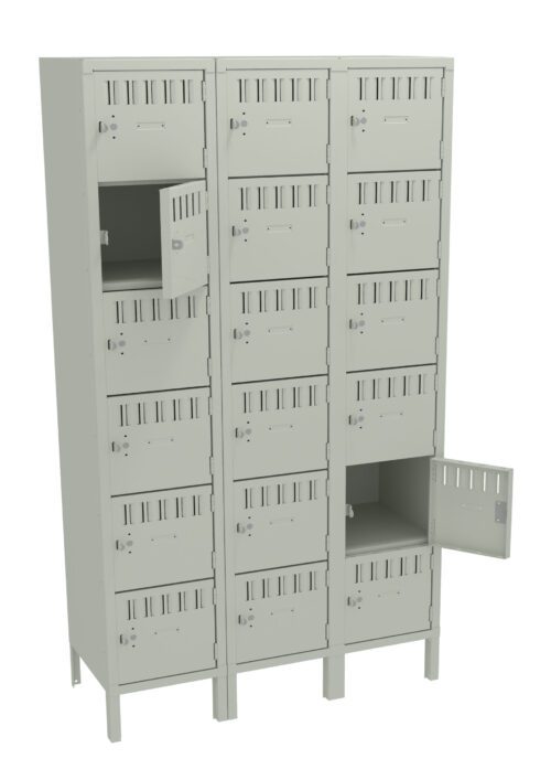 A set of gray metal lockers with three vertical columns and five rows. Some doors are open, revealing empty compartments inside. Each locker door has ventilation slots and a small latch for locking.