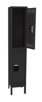A tall, black metal locker with two compartments. The top compartment is open, showing its interior, while the bottom compartment is closed. The locker has vented panels on the doors and stands on four legs.