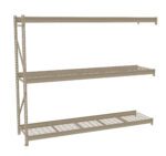 Three-tier beige metal shelving unit with open wire shelves. The structure is sturdy and designed for garage or warehouse storage. The shelves are evenly spaced and supported by vertical metal beams on the left side.