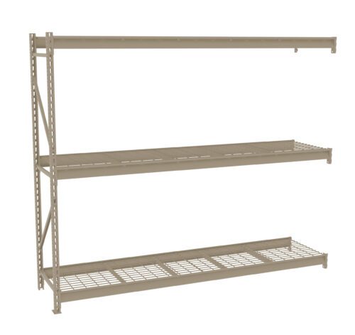 joxmwlqcs6j4l5j60pcw.jpg Three-tier beige metal shelving unit with open wire shelves. The structure is sturdy and designed for garage or warehouse storage. The shelves are evenly spaced and supported by vertical metal beams on the left side.