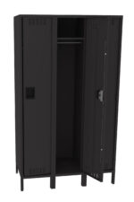 A three-compartment black metal locker with two doors closed and one slightly open, revealing an empty interior with a hanging rod. The locker has small ventilation slots near the top and bottom of each door.