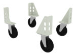 Four metal caster wheels with black tires and light green brackets, shown against a plain white background. Each wheel is mounted on a triangular bracket with circular cutout holes, indicating they are swivel casters for mobility.