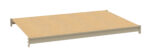 A beige, rectangular shelf panel with a wooden finish is displayed against a white background. The panel has metal brackets on the sides for mounting.