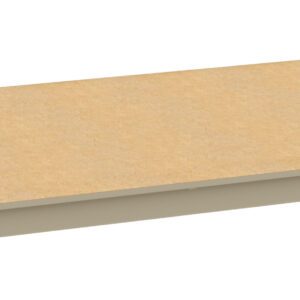 A beige, rectangular shelf panel with a wooden finish is displayed against a white background. The panel has metal brackets on the sides for mounting.