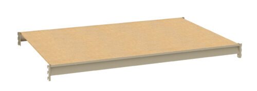 A beige, rectangular shelf panel with a wooden finish is displayed against a white background. The panel has metal brackets on the sides for mounting.