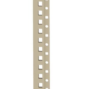 A long, narrow, beige metal strip with evenly spaced square holes along its length, standing vertically against a white background.