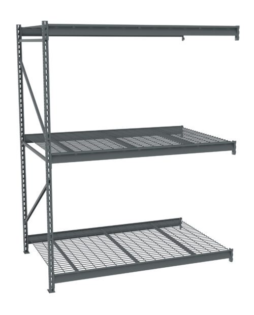 jq5efrkxmpapwvxt16cq.jpg A gray metal shelving unit with three shelves. The top and middle shelves have solid surfaces with perforated patterns, while the bottom shelf features a grid design. The unit is freestanding with a simple, industrial design.