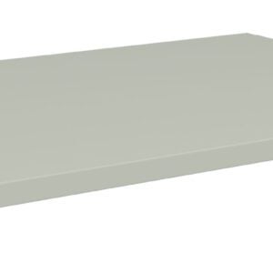 A gray rectangular metal shelf with smooth edges and a flat surface, isolated on a white background.
