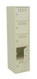 A beige metal locker with four compartments, three of which are closed. The second compartment from the bottom is open, revealing its interior. Each compartment has a small handle with a lock. The locker is freestanding against a plain background.