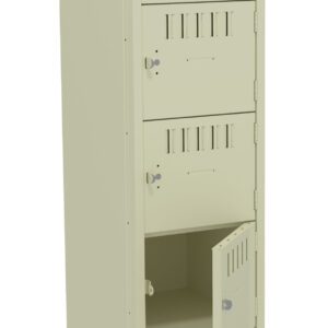 A beige metal locker with four compartments, three of which are closed. The second compartment from the bottom is open, revealing its interior. Each compartment has a small handle with a lock. The locker is freestanding against a plain background.