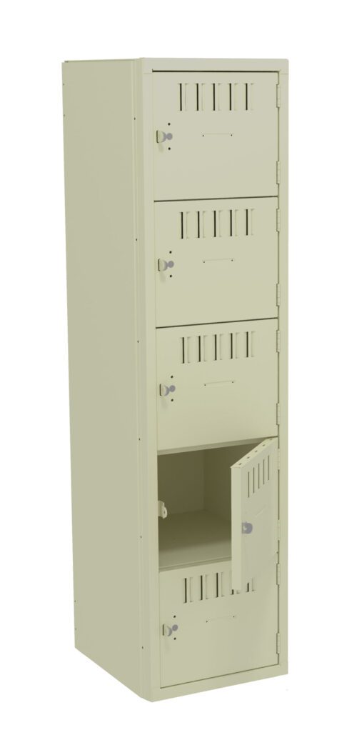 A beige metal locker with four compartments, three of which are closed. The second compartment from the bottom is open, revealing its interior. Each compartment has a small handle with a lock. The locker is freestanding against a plain background.