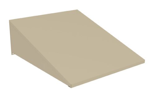 jqhmu0jtyveiuqyacrz7.jpg A beige, slanted metal awning with clean lines is mounted on a wall. The awning has a simple triangular design, providing shade and protection. It is shown against a white background.
