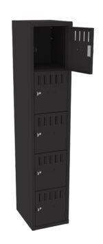 A tall black storage locker with five compartments, each with a small door. The topmost compartment is open, revealing an empty interior. Each door has ventilation slits and a circular lock. The locker stands vertically.