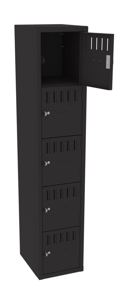 A tall black storage locker with five compartments, each with a small door. The topmost compartment is open, revealing an empty interior. Each door has ventilation slits and a circular lock. The locker stands vertically.