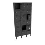 A tall, black metal locker unit with three columns and four rows of compartments. Some locker doors are open, revealing empty spaces inside, while others remain closed. Each door has ventilation slits and a keyed lock.