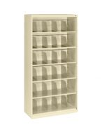 A beige metal storage shelf unit with six rows, each containing three vertical file dividers. The dividers are transparent, and the unit is empty, designed for organizing documents or similar items.