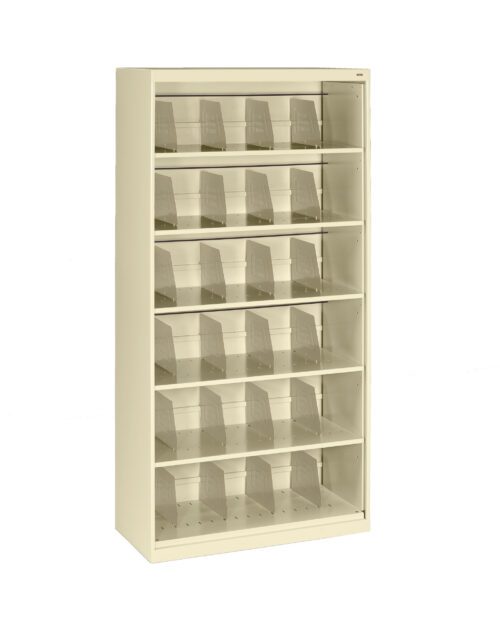 A beige metal storage shelf unit with six rows, each containing three vertical file dividers. The dividers are transparent, and the unit is empty, designed for organizing documents or similar items.
